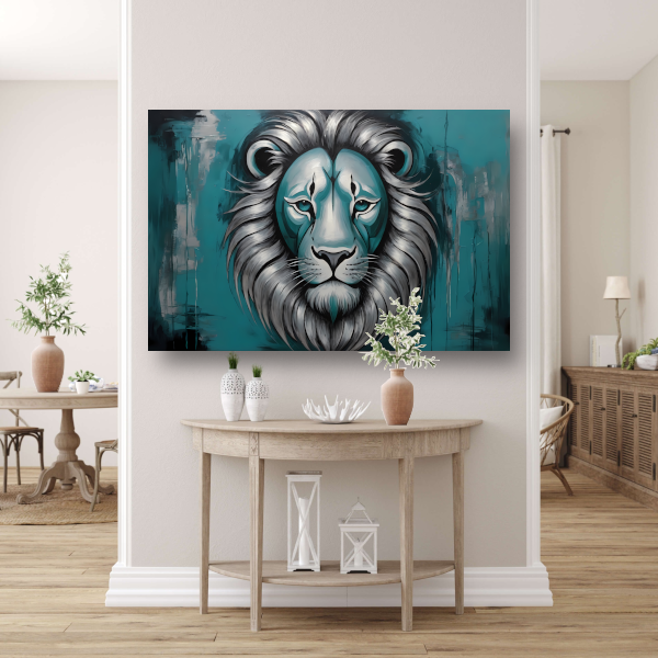 Zilveren en Turquoise Leeuw op Canvas canvas met baklijst