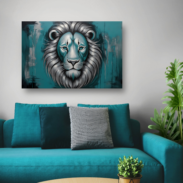 Zilveren en Turquoise Leeuw op Canvas canvas met baklijst
