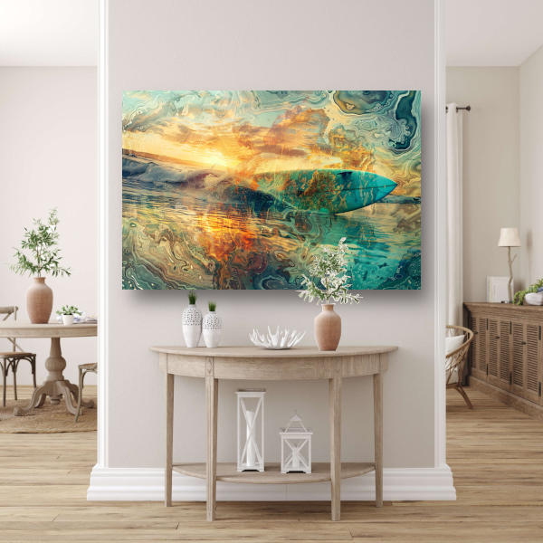 Abstracte Zonsondergang en Surfplank in Zee canvas