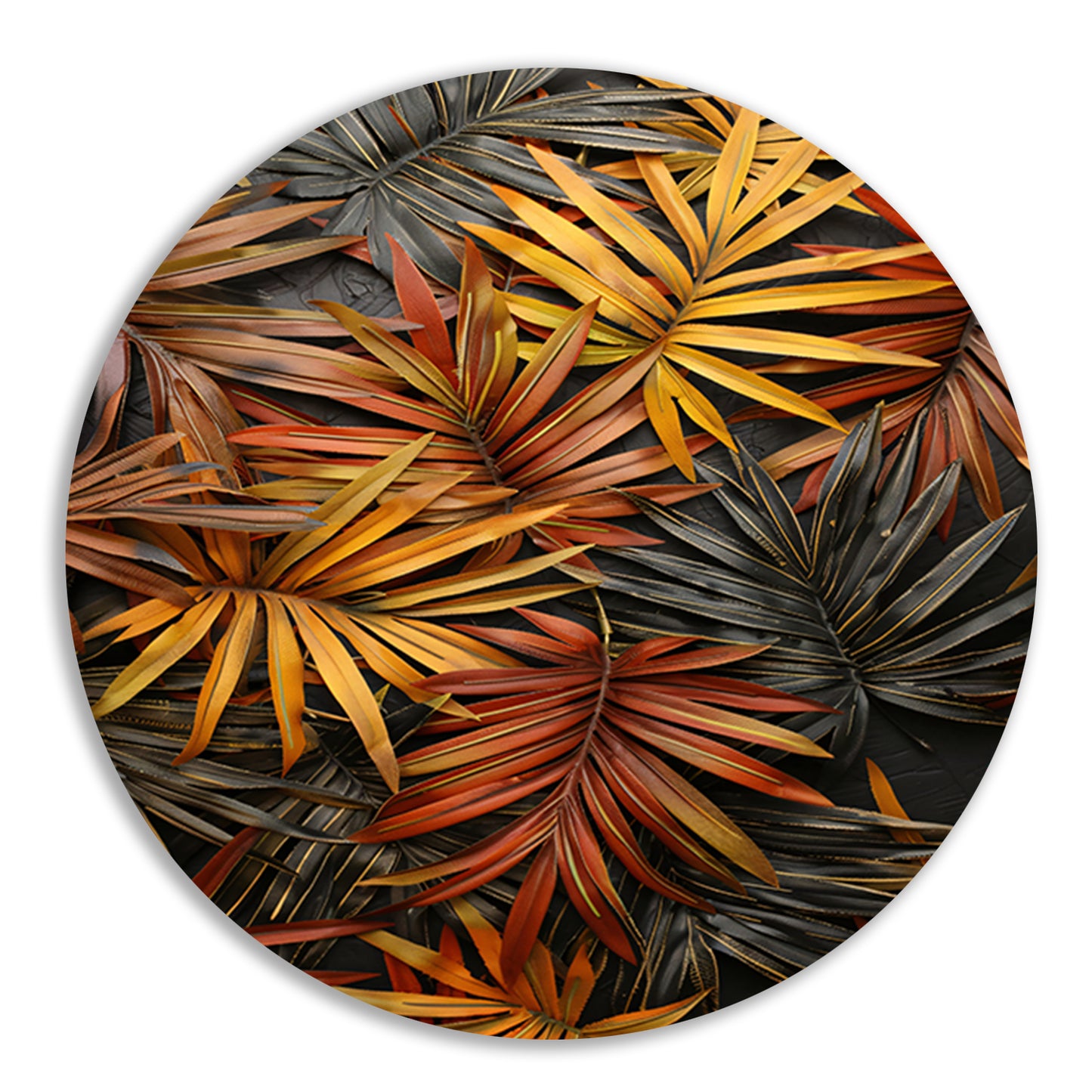 Modern Print van Herfstkleurige Palmbladeren aluminium muurcirkel
