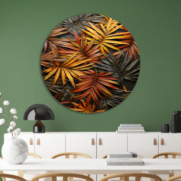 Modern Print van Herfstkleurige Palmbladeren aluminium muurcirkel