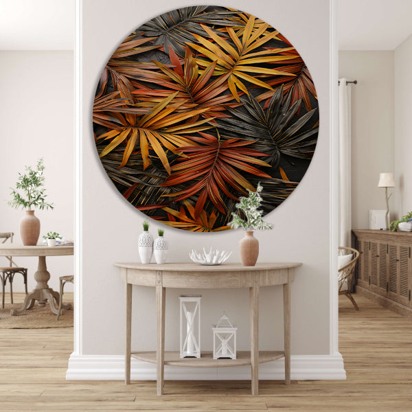 Modern Print van Herfstkleurige Palmbladeren aluminium muurcirkel