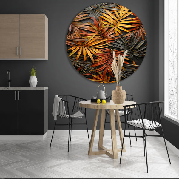 Modern Print van Herfstkleurige Palmbladeren aluminium muurcirkel