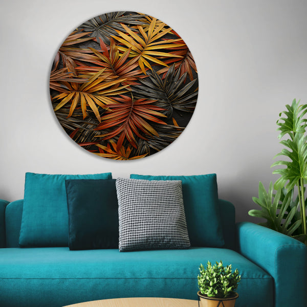 Modern Print van Herfstkleurige Palmbladeren aluminium muurcirkel