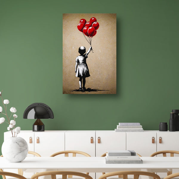 Silhouet meisje met glanzende rode ballonnen canvas
