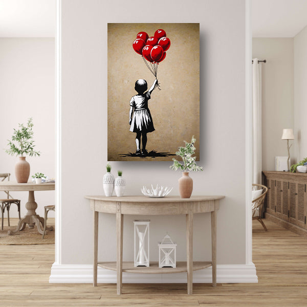 Silhouet meisje met glanzende rode ballonnen canvas
