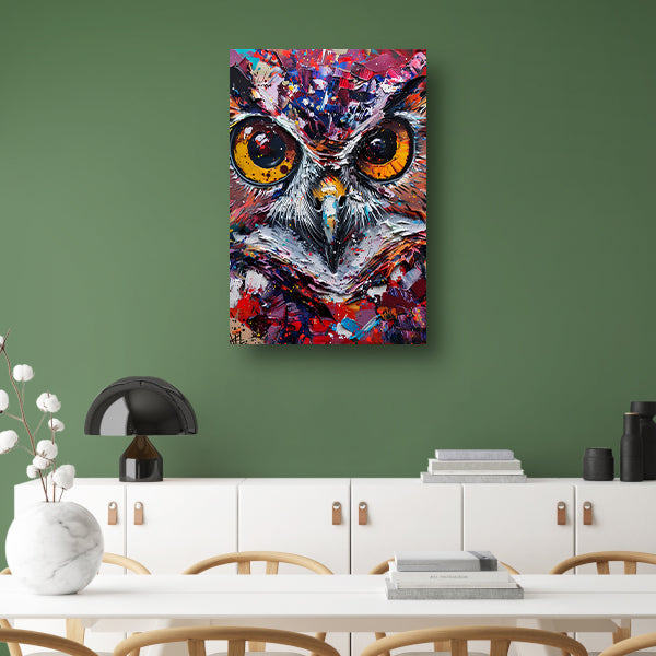 Abstracte, kleurrijke uil met dynamische verfexplosies poster