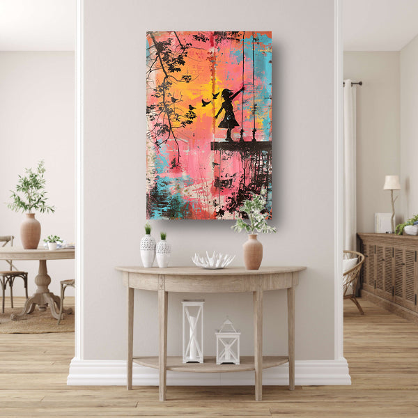 Meisje op schommel met vogels poster