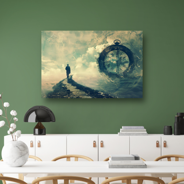 Wandelaar op een surrealistische tijdbrug poster