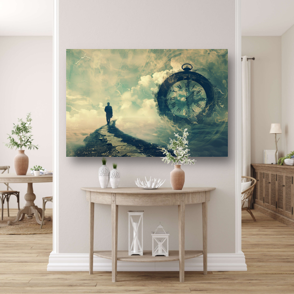 Wandelaar op een surrealistische tijdbrug poster