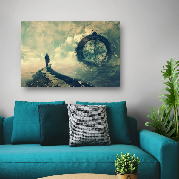Wandelaar op een surrealistische tijdbrug poster