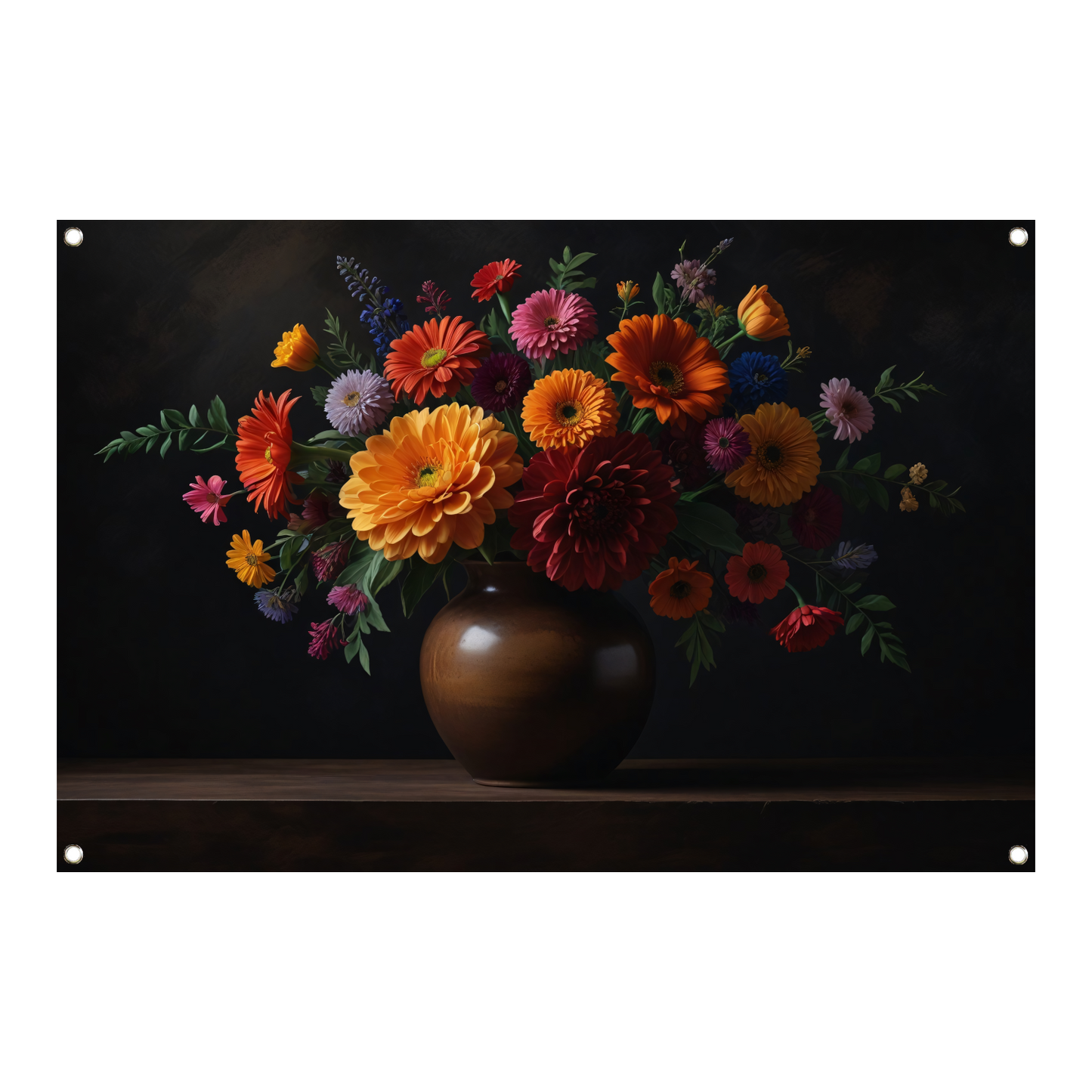 Bruine vaas met levendige bloemenschat tuinposter