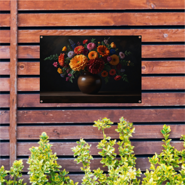 Bruine vaas met levendige bloemenschat tuinposter