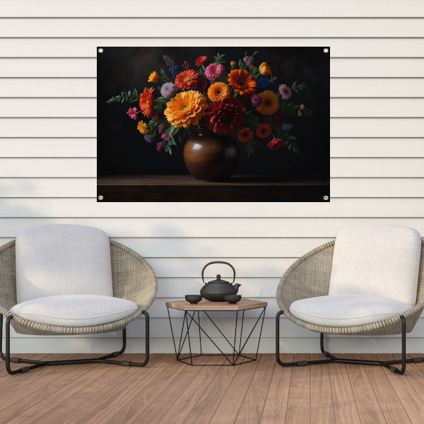 Bruine vaas met levendige bloemenschat tuinposter