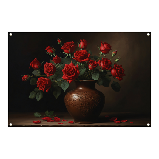 Stille Elegance: Rode Rozen in Sierlijke Vaas tuinposter