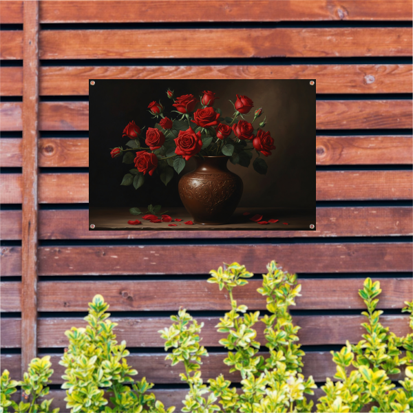 Stille Elegance: Rode Rozen in Sierlijke Vaas tuinposter