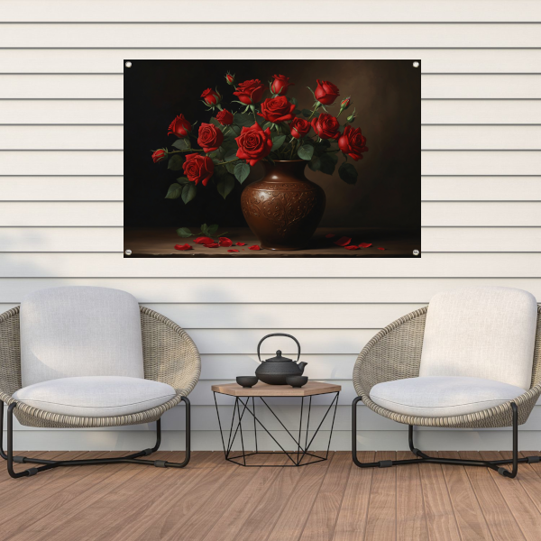 Stille Elegance: Rode Rozen in Sierlijke Vaas tuinposter