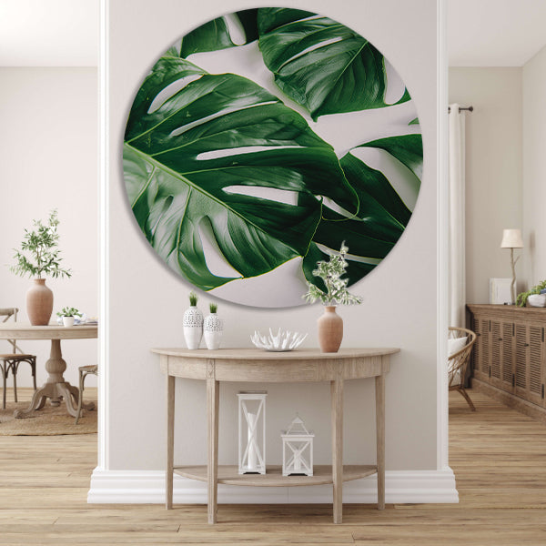Elegante Monstera bladeren op helderwitte achtergrond aluminium muurcirkel