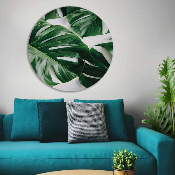 Elegante Monstera bladeren op helderwitte achtergrond aluminium muurcirkel