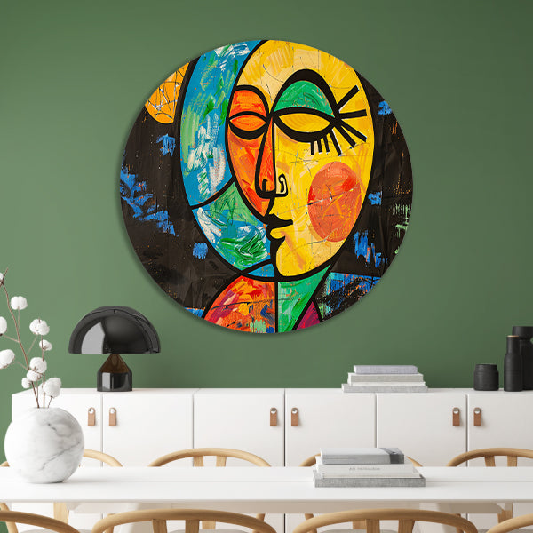 Kleurrijk abstract portret met aardse vormen forex muurcirkel