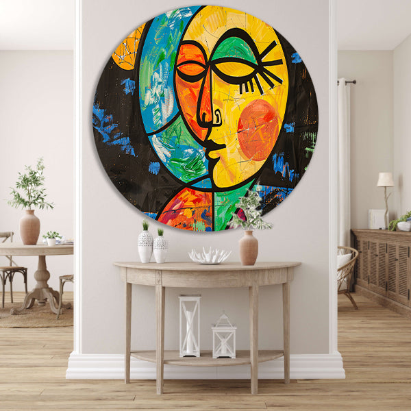 Kleurrijk abstract portret met aardse vormen forex muurcirkel