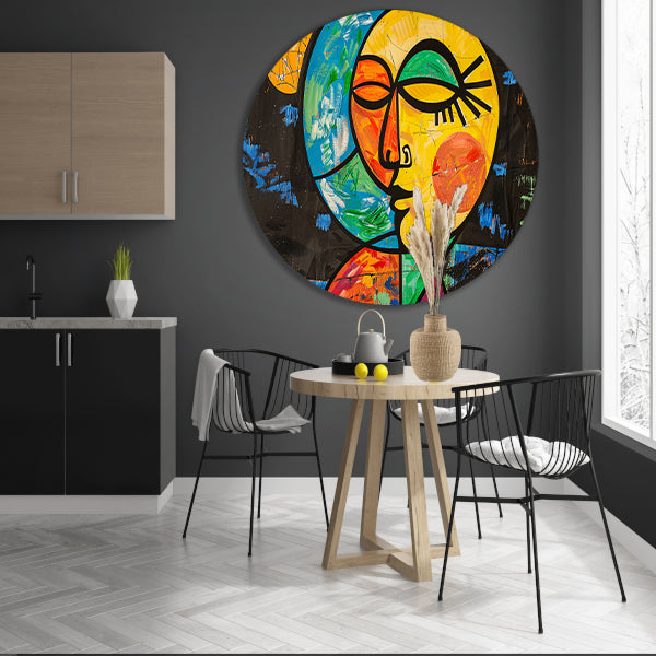 Kleurrijk abstract portret met aardse vormen forex muurcirkel