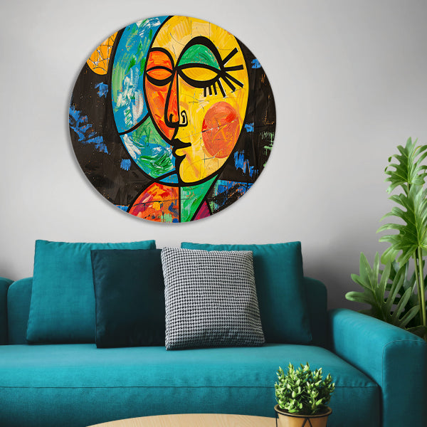Kleurrijk abstract portret met aardse vormen aluminium muurcirkel
