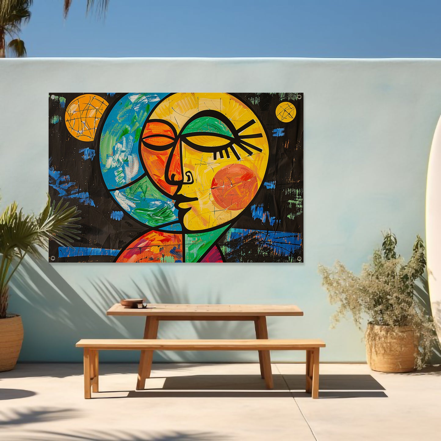 Kleurrijk abstract portret met aardse vormen tuinposter