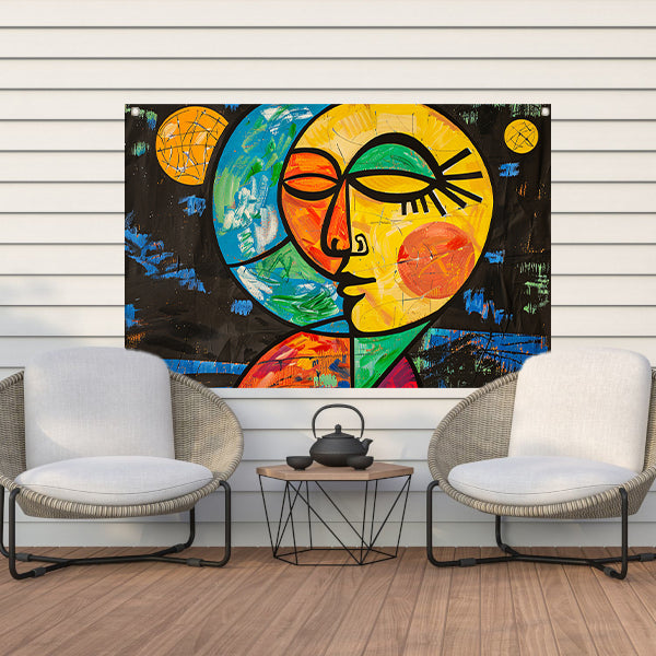 Kleurrijk abstract portret met aardse vormen tuinposter