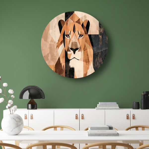 Abstracte Monochrome Leeuw in Geometrische Stijl aluminium muurcirkel