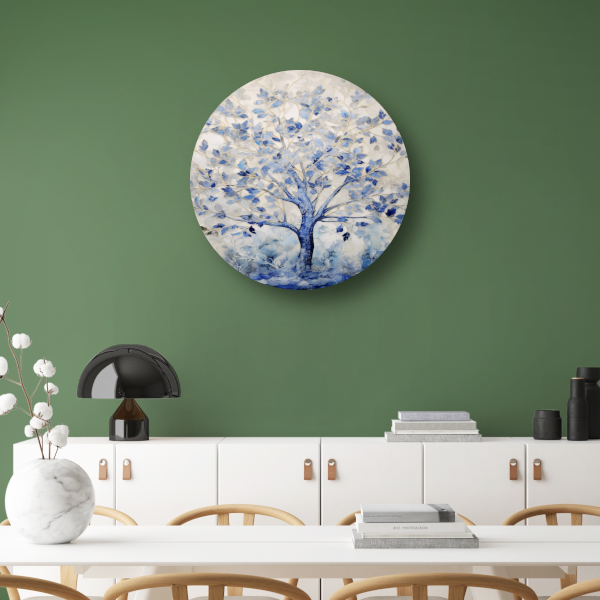 Minimalistische blauwe boom aluminium muurcirkel