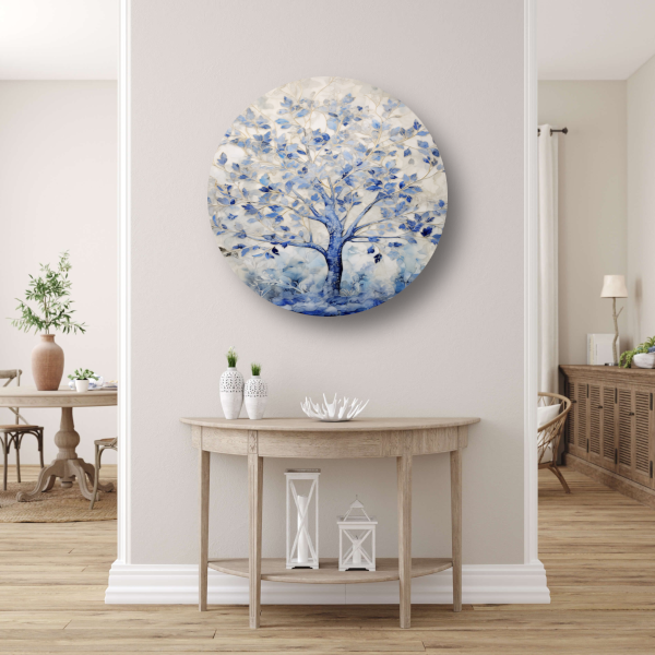 Minimalistische blauwe boom aluminium muurcirkel