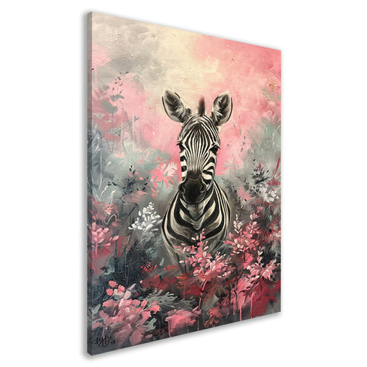 Zebra in kleurrijk bloemenveld schilderij canvas