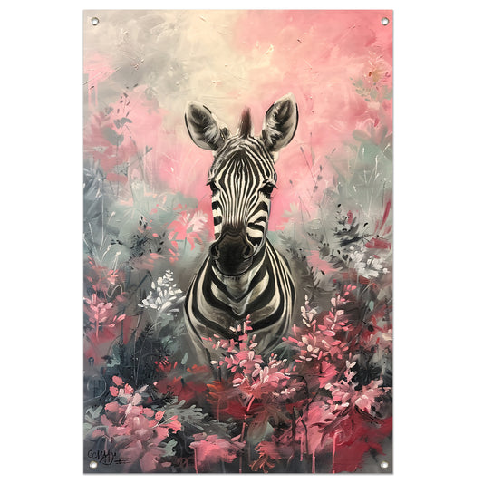 Zebra in kleurrijk bloemenveld schilderij tuinposter