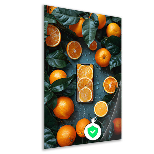 Minimalistisch stilleven met fruit en telefoon poster