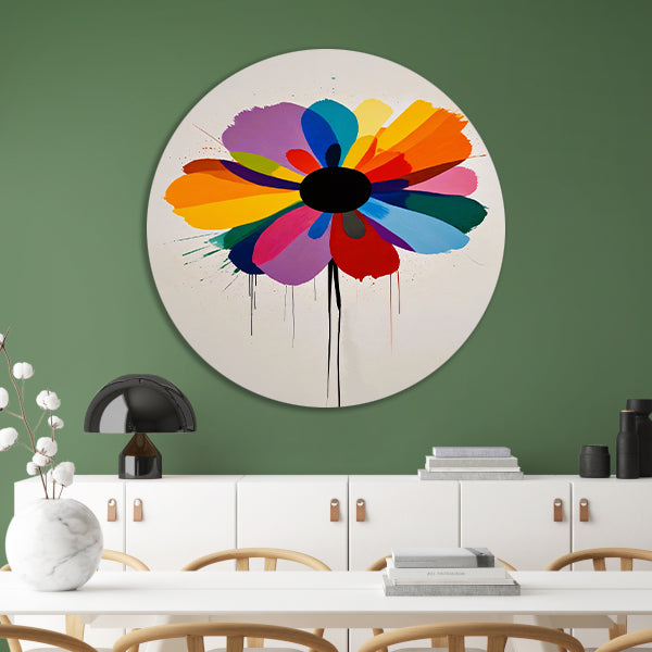 Abstracte bloem met kleurrijke druppels aluminium muurcirkel