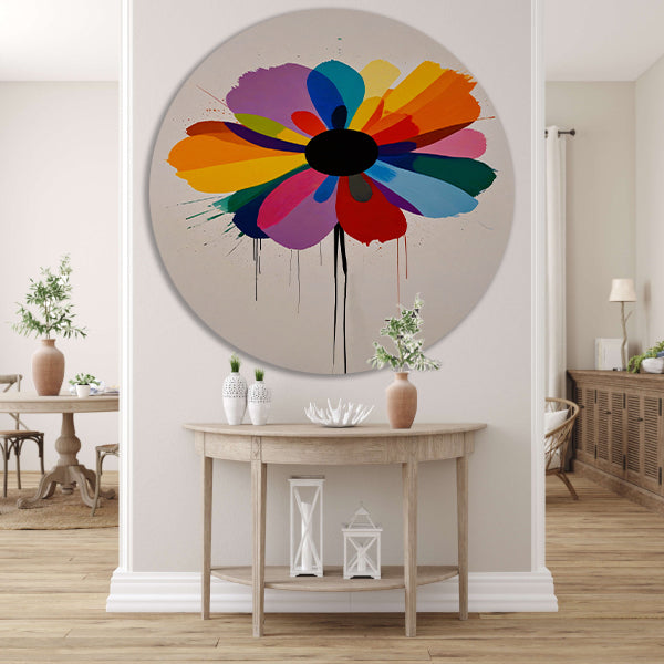 Abstracte bloem met kleurrijke druppels aluminium muurcirkel