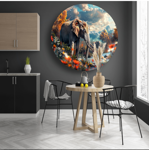 Olifanten bij de rivier aluminium muurcirkel