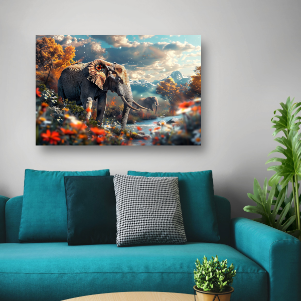 Olifanten bij de rivier canvas