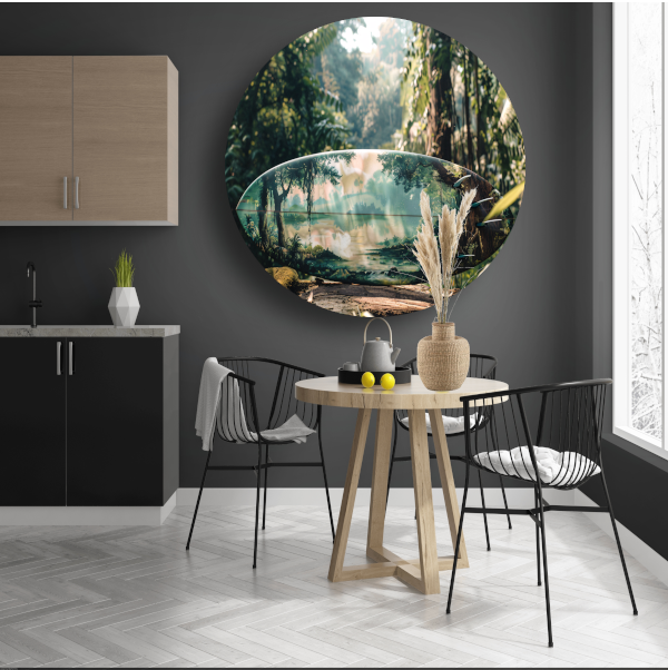 Surfplank met boslandschap aluminium muurcirkel