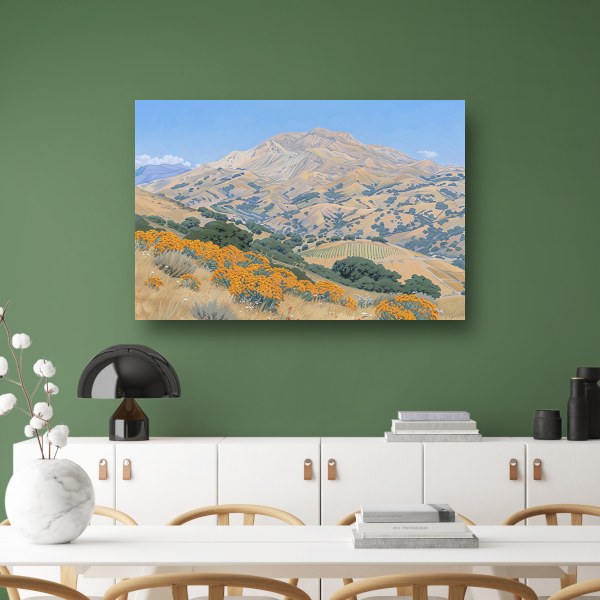 Heuvelachtig landschap met bloemen en berg canvas
