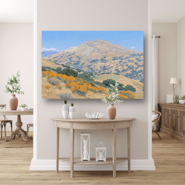 Heuvelachtig landschap met bloemen en berg canvas