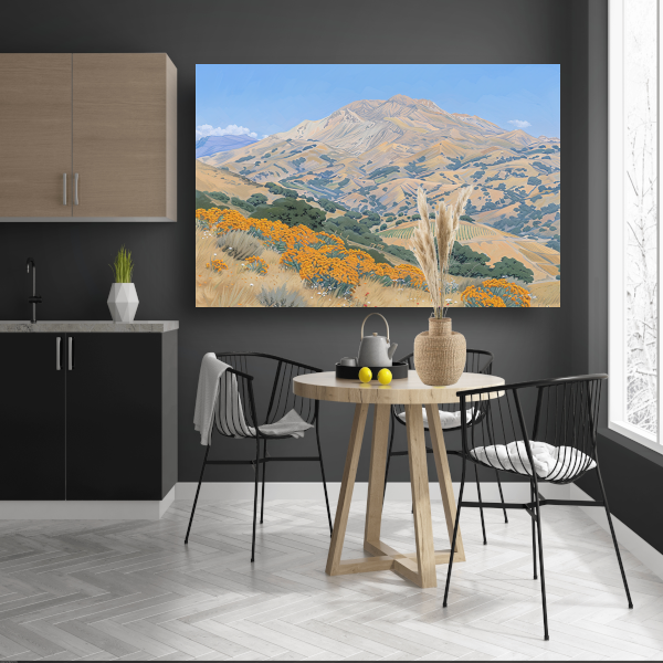 Heuvelachtig landschap met bloemen en berg canvas
