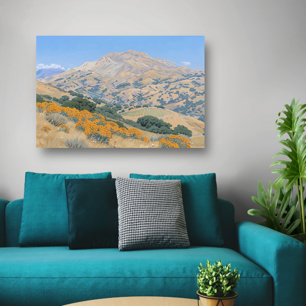 Heuvelachtig landschap met bloemen en berg canvas