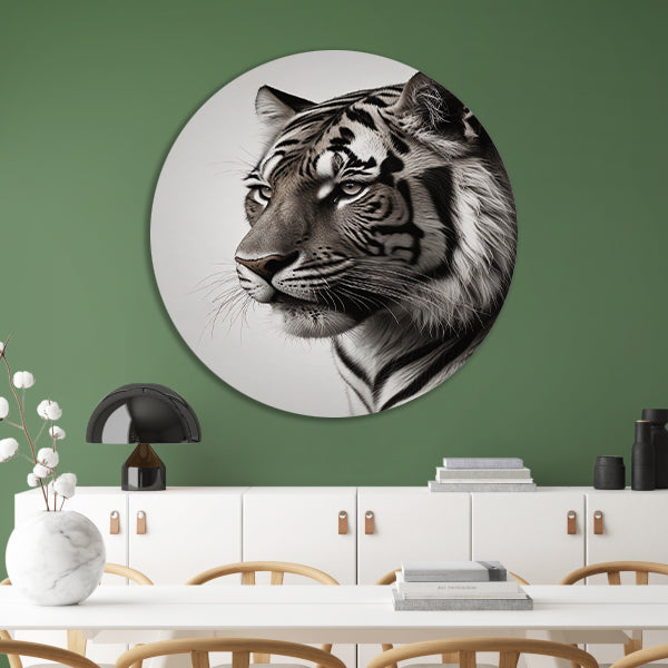 Majestueuze Tijger in Zwart-Wit aluminium muurcirkel