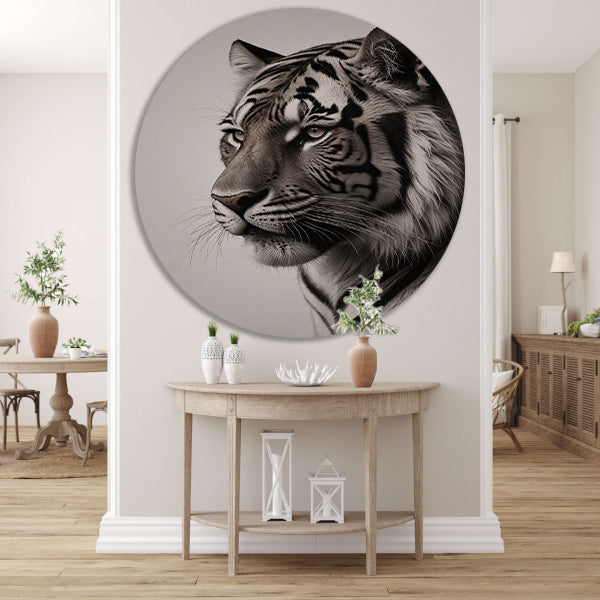 Majestueuze Tijger in Zwart-Wit aluminium muurcirkel