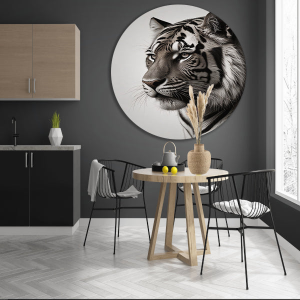 Majestueuze Tijger in Zwart-Wit aluminium muurcirkel