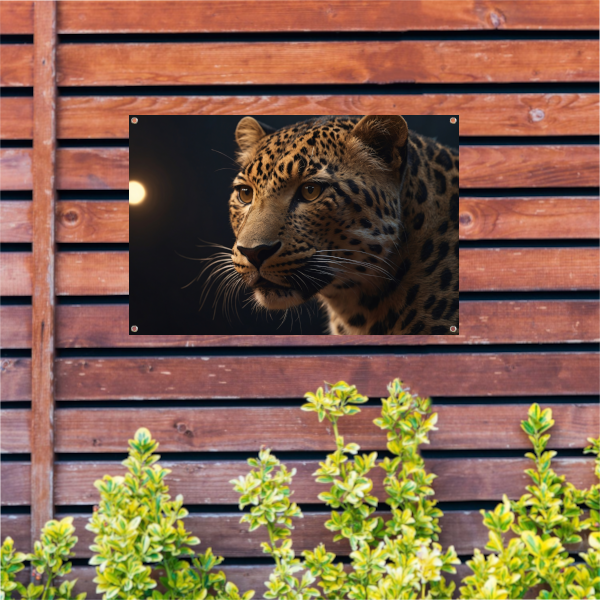 Gouden schemerlicht over luipaardportret tuinposter