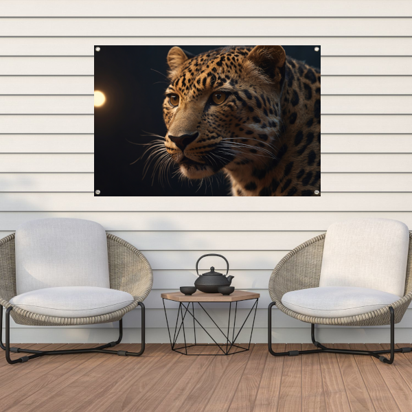 Gouden schemerlicht over luipaardportret tuinposter