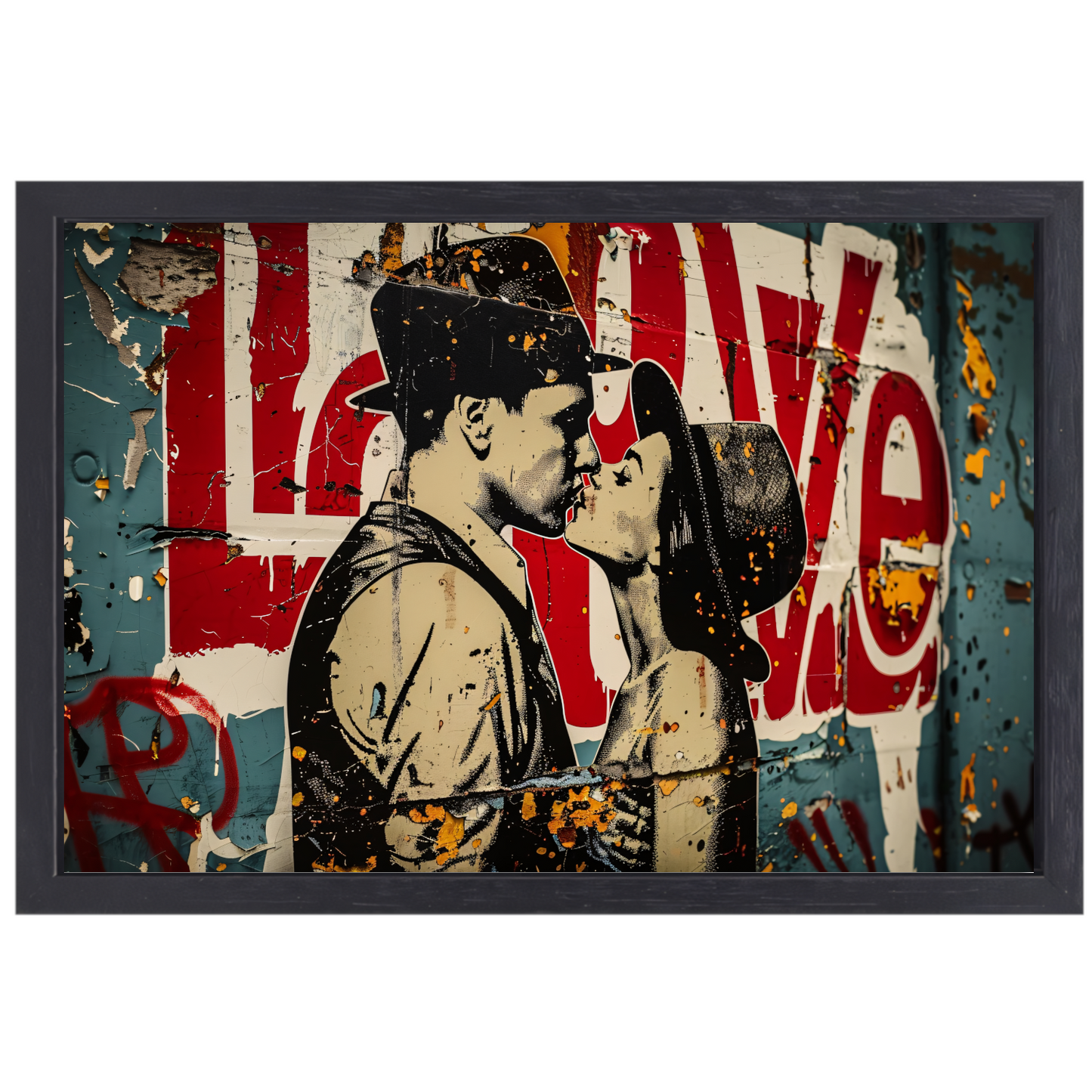 Verstrengelde liefde tegen een stedelijke achtergrond canvas met baklijst